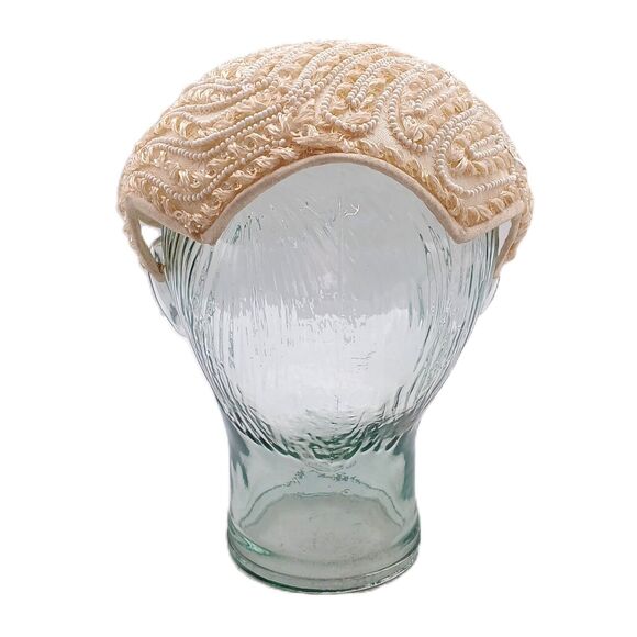 Amy New York Cocktail Cap Fascinator Hat Beaded w/ Pearl Cream White Headdress - Picture 5 of 14